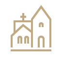 Vector art of a church drawn in bold gold lines