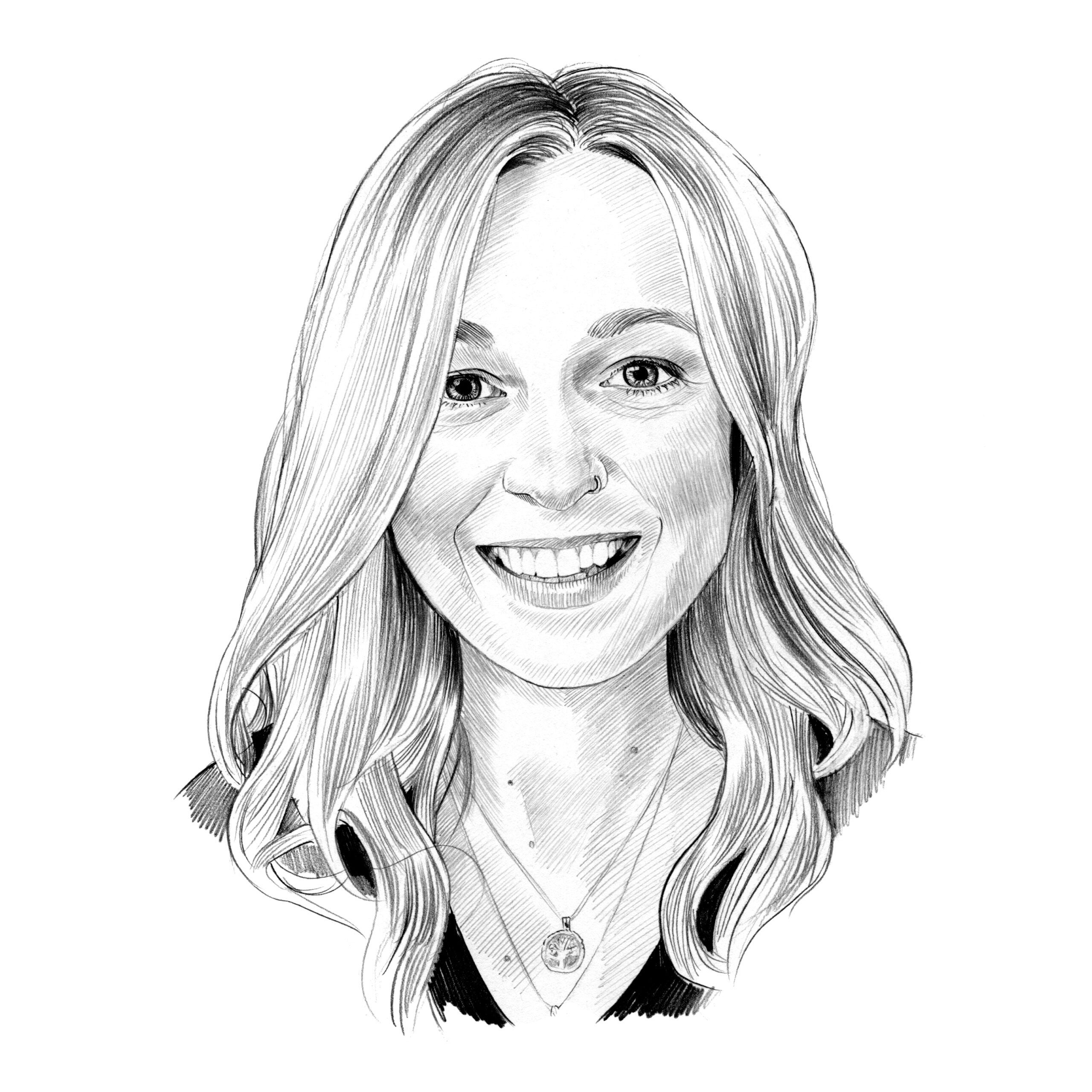 Black and white illustration of Jody van Merode's headshot