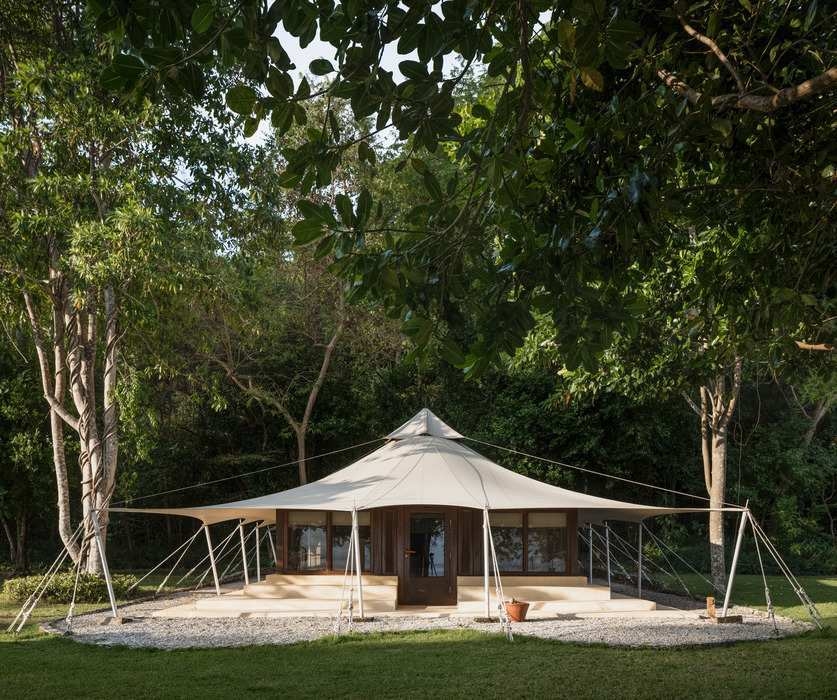 A luxury safari tent with a pointed roof at Amanwana surrounded by tall green trees and lush jungle foliage.
