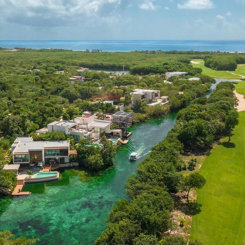 An aerial view of Rosewood Mayakoba's lagoon suites.