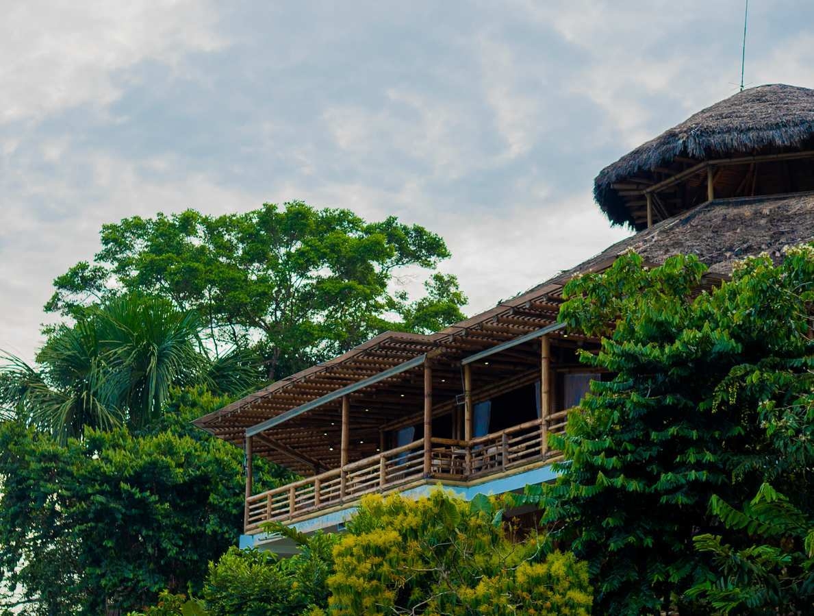 A close up of La Selva Lodge's thatched and wood exterior.