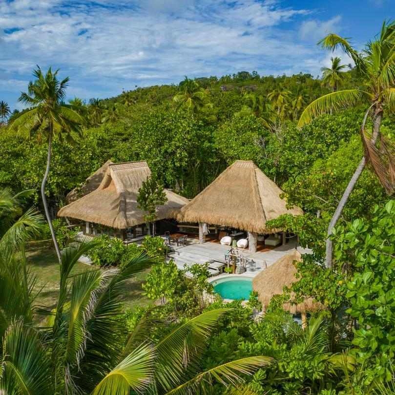 A villa with thatched roof and a pool hidden among lush palm trees.