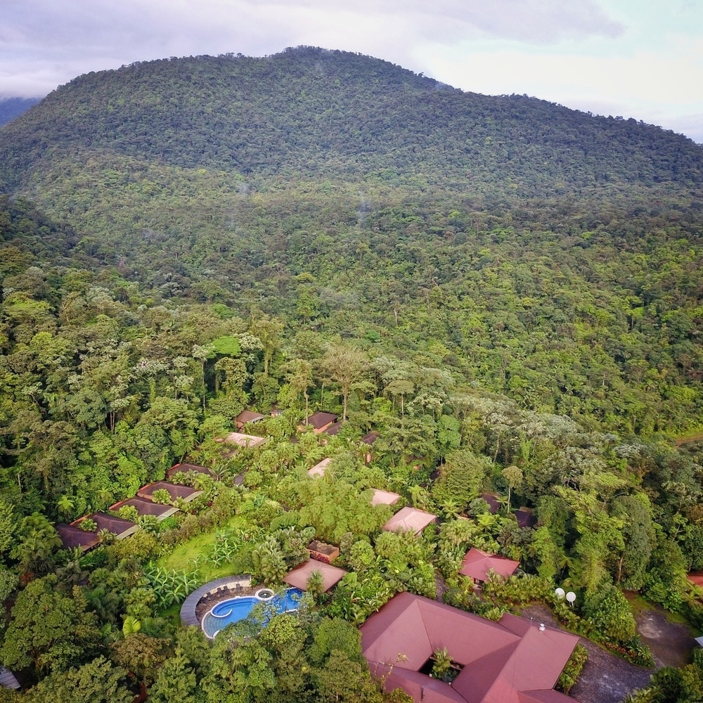 Aerial view of the forest surrounding Hotel Rio Celeste in Costa Rica