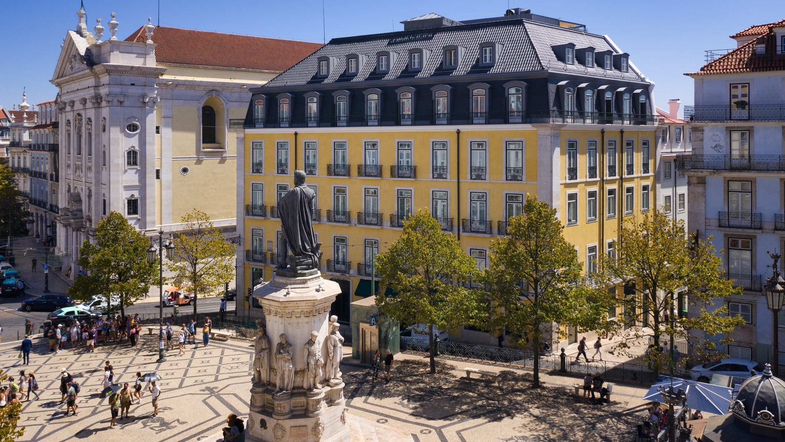 A view of the square and exterior of Bairro Alto hotel in Lisbon