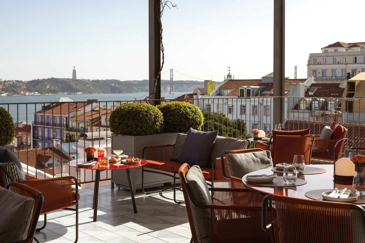 Dining tables on the rof terrace at Bairro Alto hotel in Lisbon