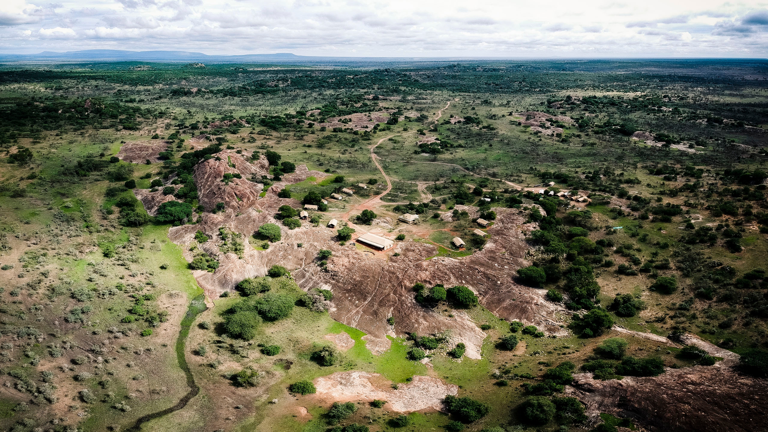 Aerial view of safari camp in the Serengeti