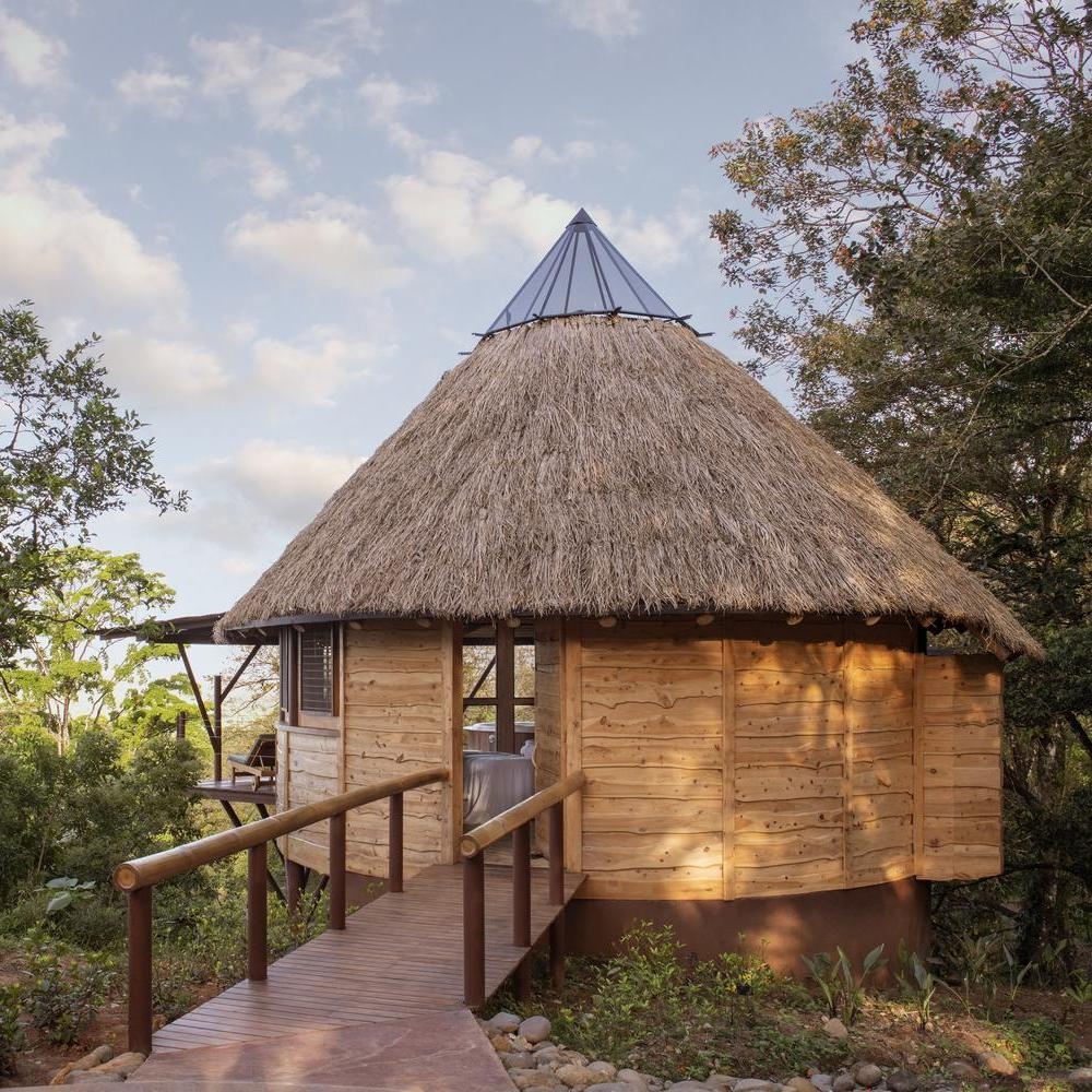 Wooden pavilion with thatched roof at Origins Lodge, Costa Rica