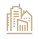 Jacada Travel line art of a city with skyscrapers drawn in bold gold lines