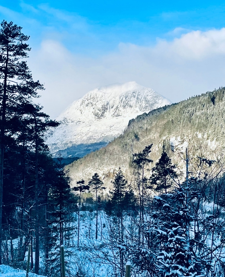 Snow-blanketed scenery in the Norwegian Fjords.