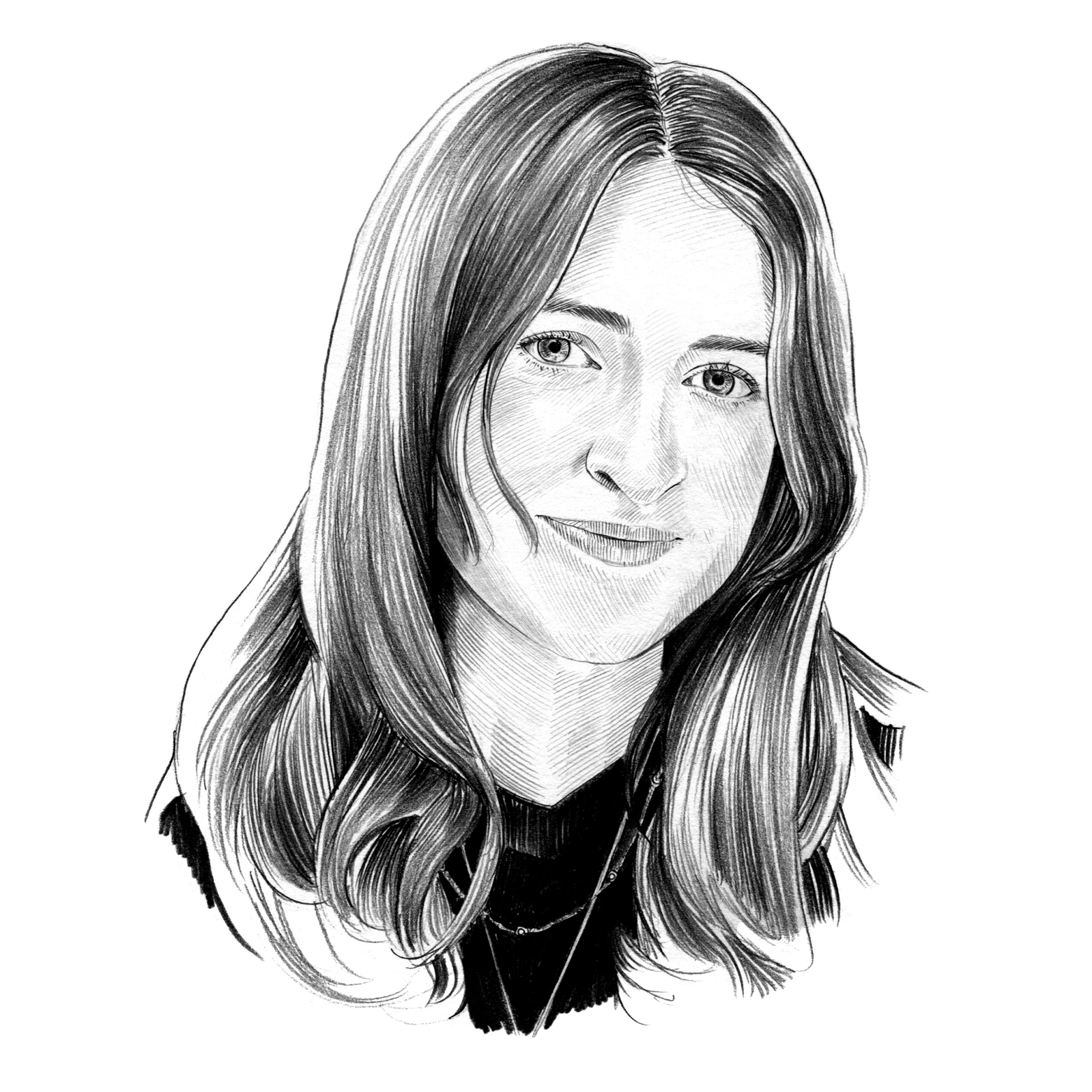 Illustration of a person with shoulder-length wavy hair and a dark top.