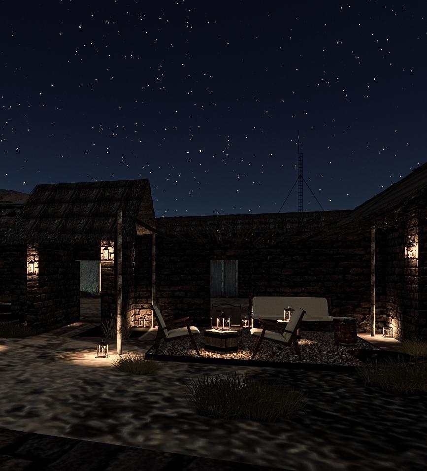 Nighttime scene of a rustic patio with chairs and lit candles under a starry sky.
