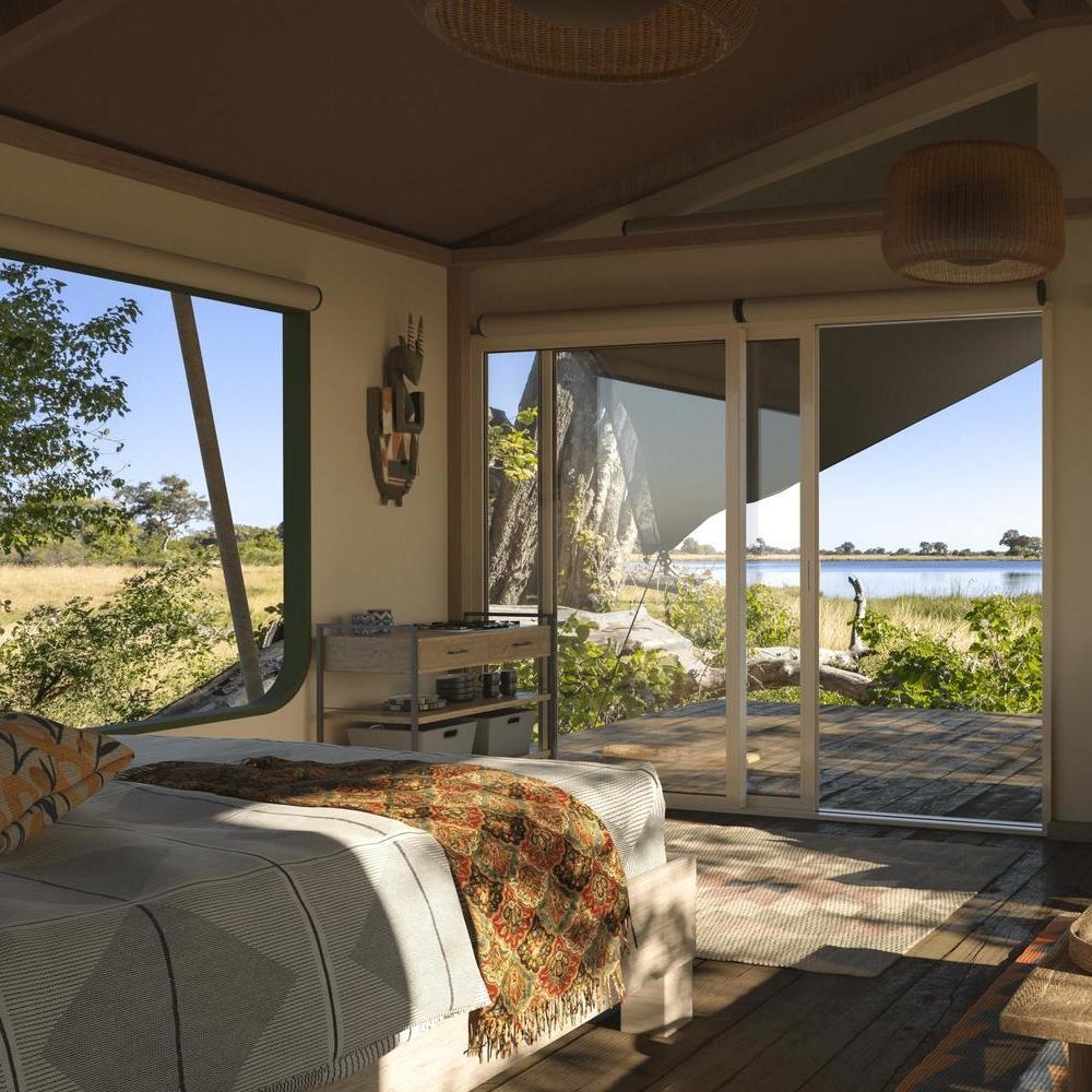 One of Maxa Camp's elegantly styled tented bedrooms, overlooking the lagoon.