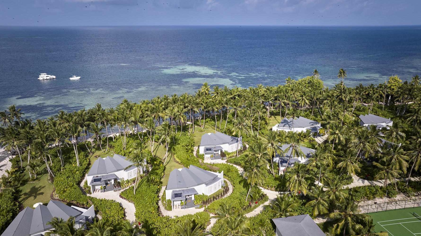 An aerial view of Waldorf Astoria Platte Island's villas in the Seychelles.