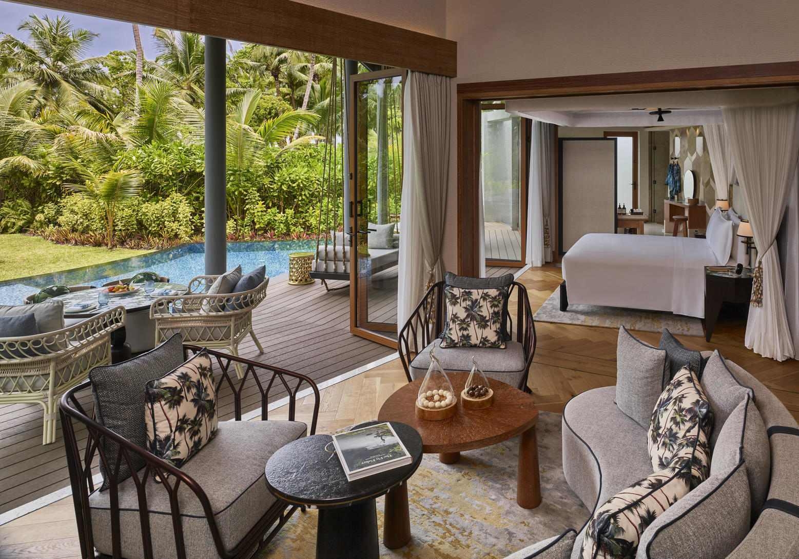 The interior of a villa at The outdoor area of a villa at Waldorf Astoria Seychelles Platte Island.,