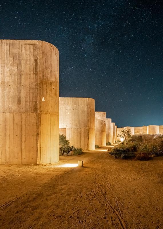 The exterior of Paradero in Todos Santos lit up at night