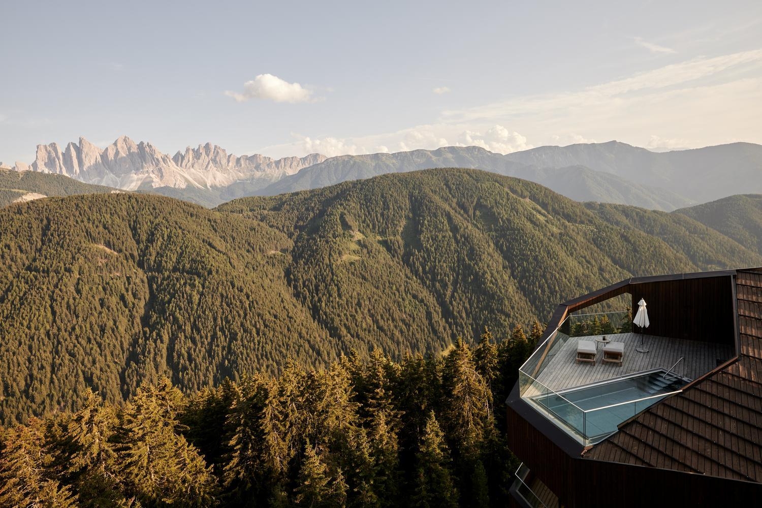 Aerial view of penthouse suite and rooftop pool at Forestis Dolomites