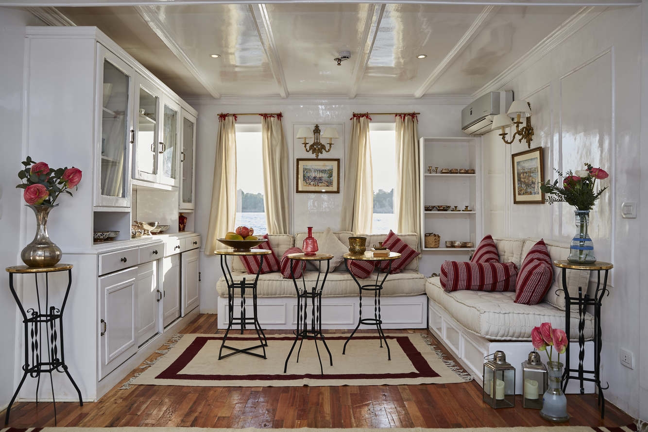 The inner lounge area of the Lotus dahabiya from Lazuli.