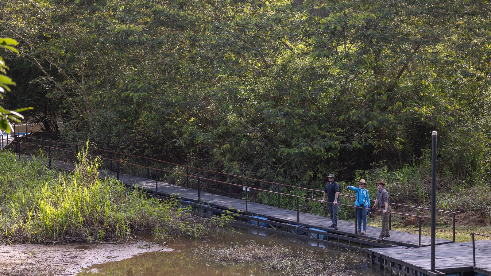 Two people, one in a bright blue jacket, standing on an outdoor raised walkway that runs over a body of water and next to some trees and tall grass.