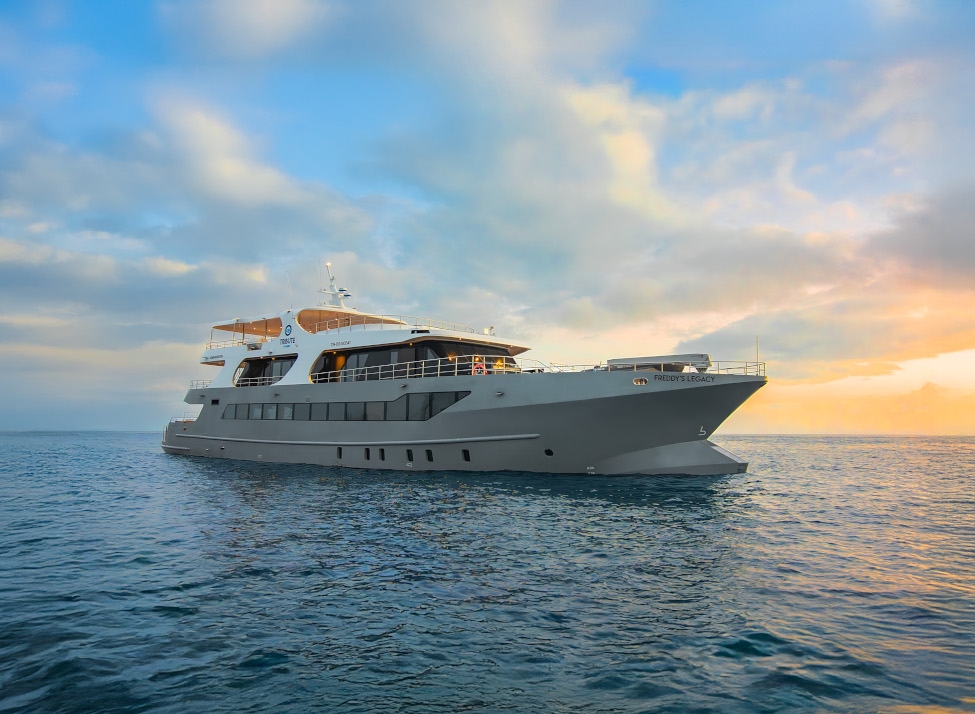 Yacht on blue-grey water with a sunset and cloudy sky in background.