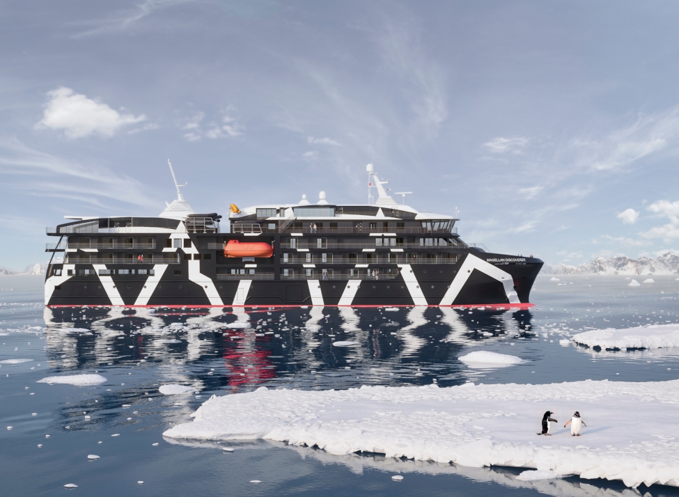 A cruise ship painted black and white sailing through icy water, with a small iceberg and penguins in the foreground.