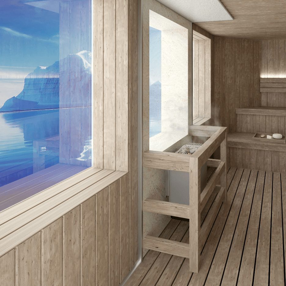 Light wood sauna room with large windows overlooking blue ocean and an iceberg.