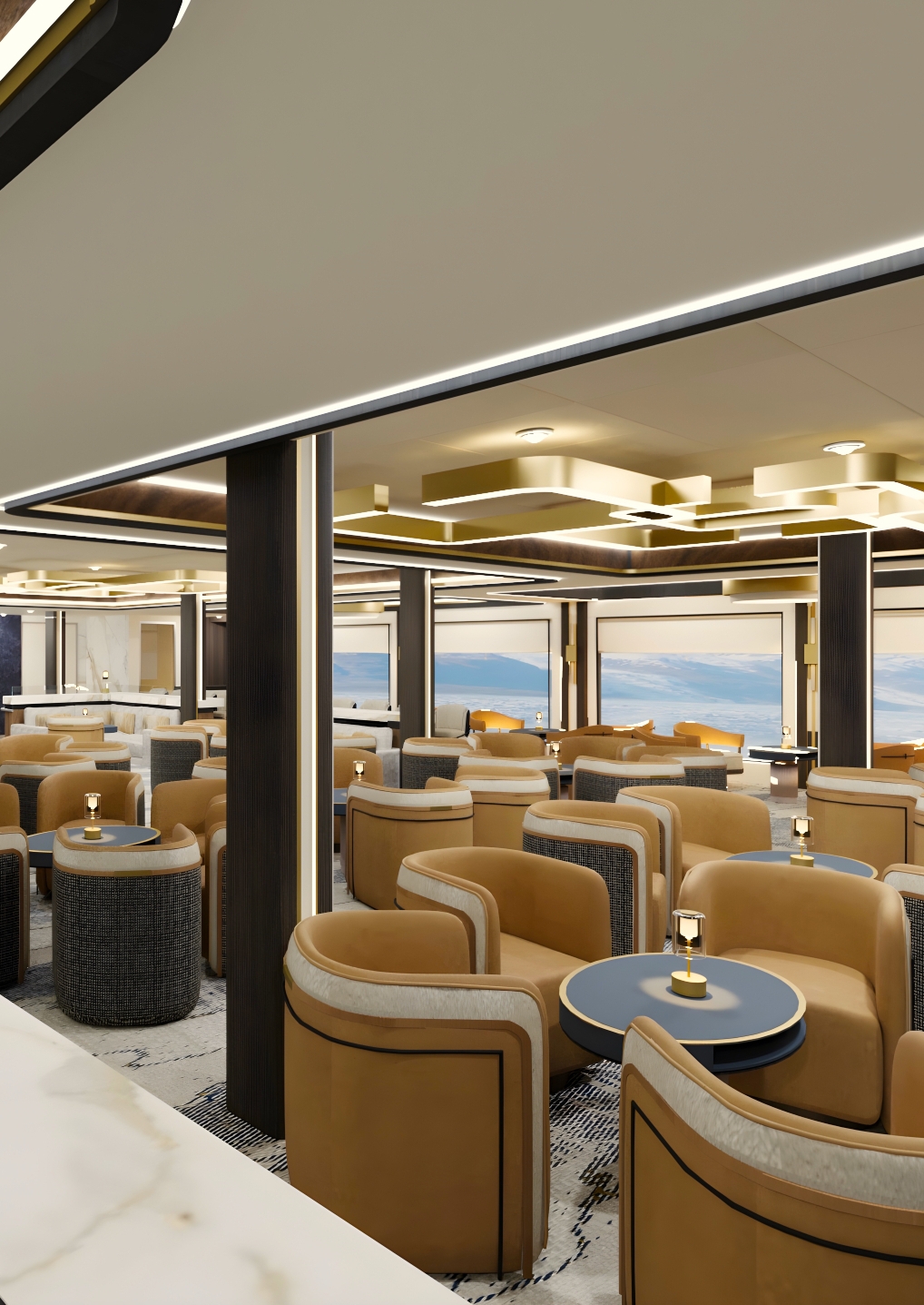Lounge bar seating area with low plush yellow chairs and black tables and big windows overlooking the sea and distant mountains.