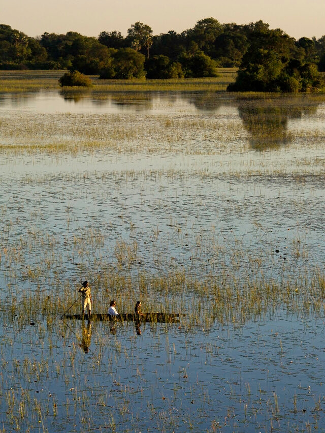 Three people in a mokoro canoe navigating through grassy wetlands during luxury Okavango Delta Tours.