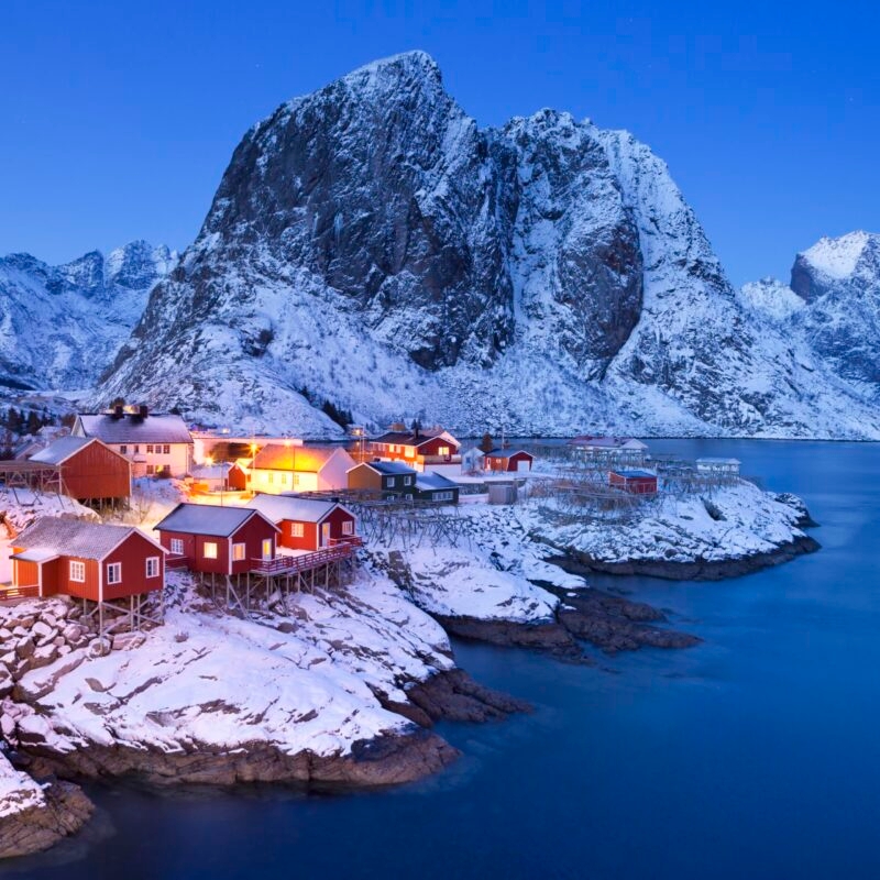 Luxury Grand Tours of Europe - Traditional Norwegian fisherman's cabins, rorbuer, on the island of Hamnøy, Reine on the Lofoten in northern Norway.