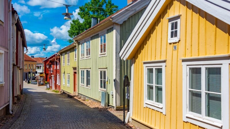 A narrow street flanked by a few houses and a tree, reflecting a charming and serene residential area.