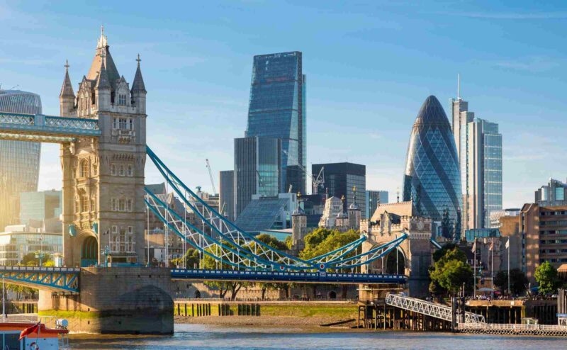 Tower bridge with London skyscrapers in the background