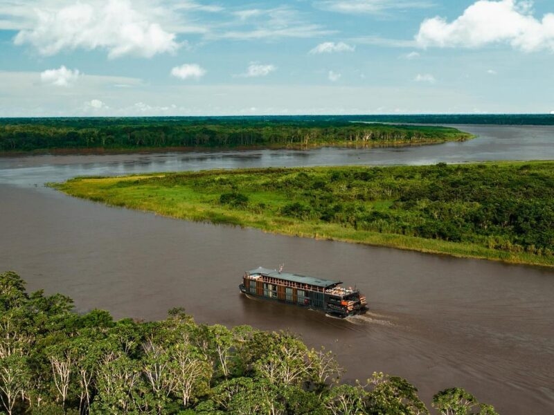 An aerial view of the Aqua Nera Amazon cruise in the Peruvian Amazon.