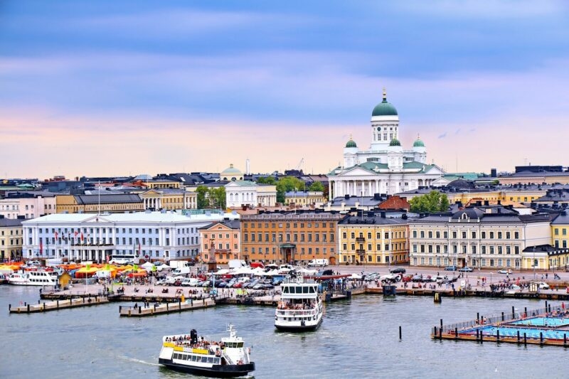 Helsinki cityscape with boats on the water