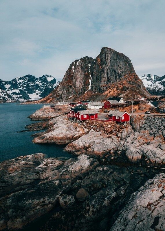 View of red houses of Svalbard Islands Norway