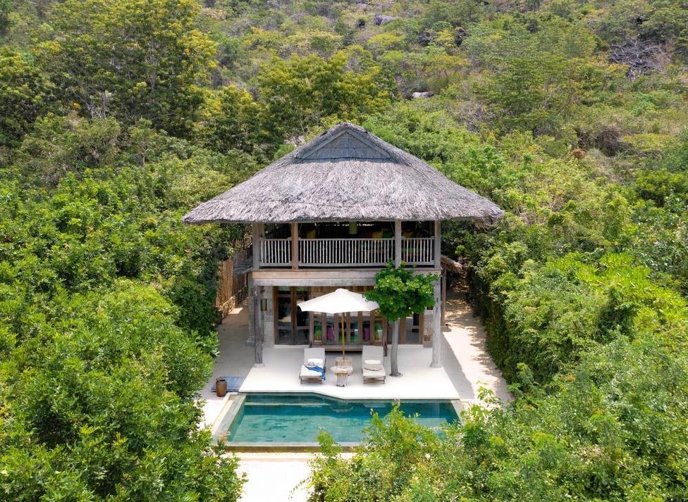 Aerial view of a beach front pool villa at Six Senses Ninh Van Bay