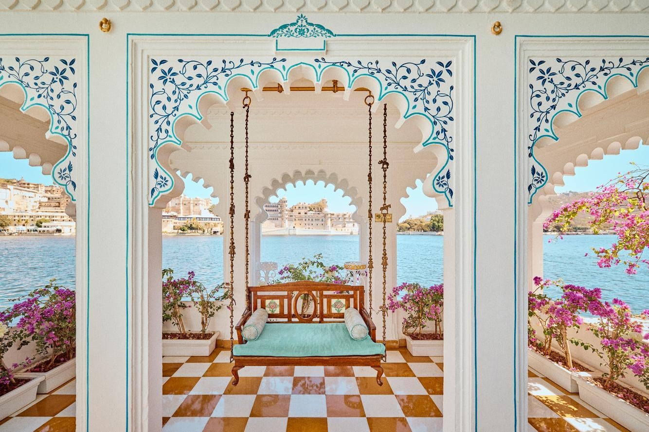 A hanging sofa at the Taj Lake Palace.