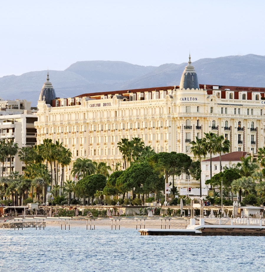 Exterior of the Carlton Cannes from the Mediterranean Sea.