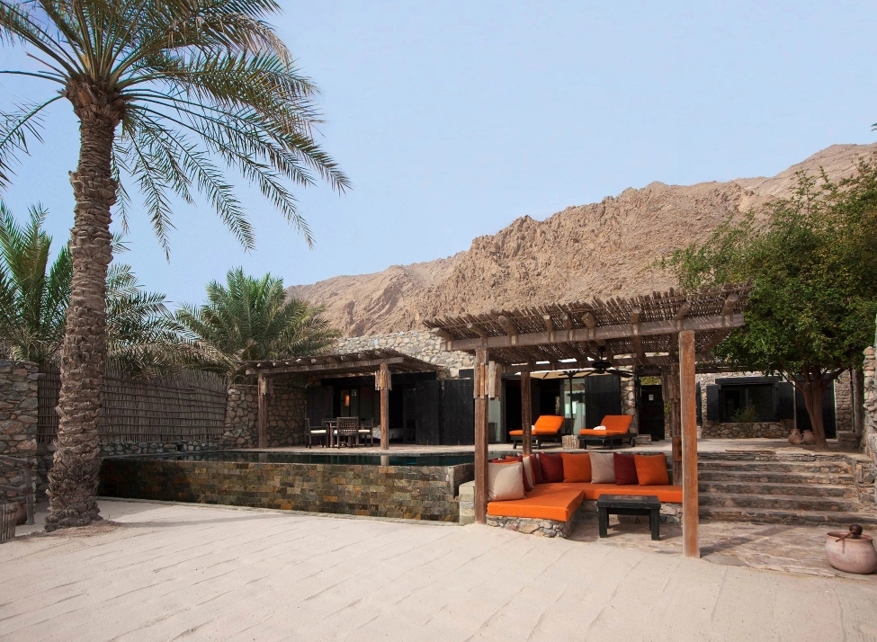 The exterior of the pool villa suite at six senses zighy bay in oman