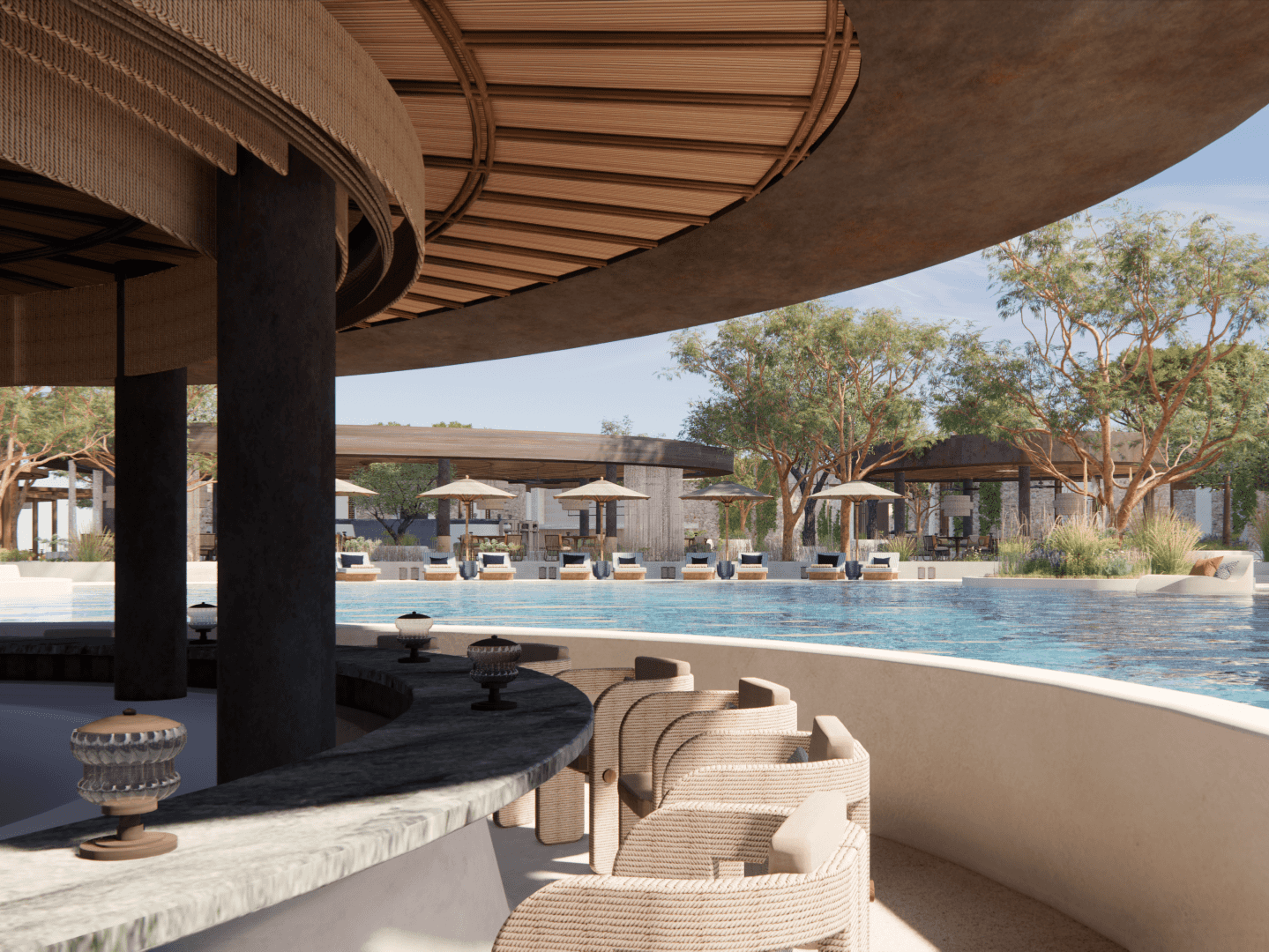 A pool area of Mandarin Oriental Costa Navarino, featuring a bar.