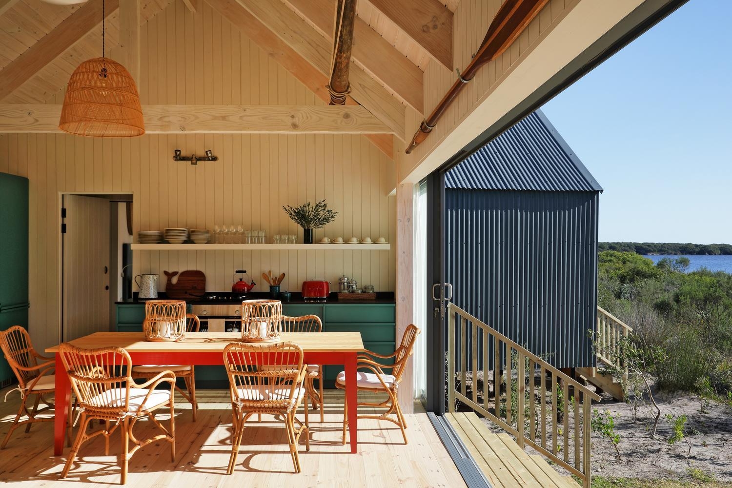 The kitchen area in a private boathouse at Coot Club.