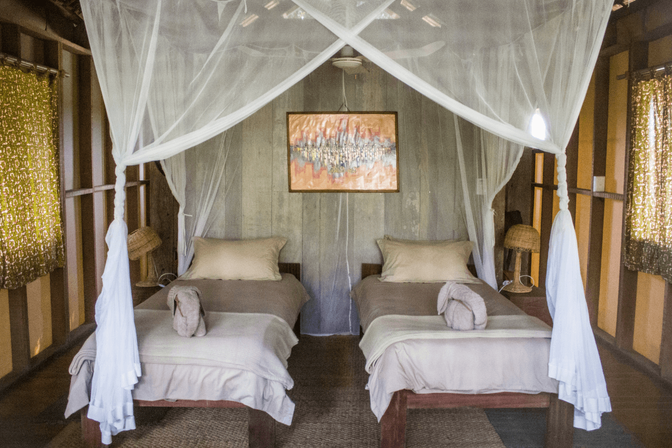 Two single beds with a white mosquito net canopy and a modern painting behind them