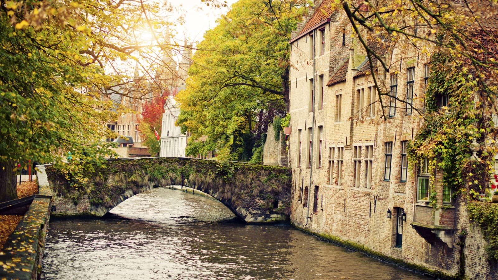 Stone buildings and arched stone bridges lining a canal in ancient Bruges, Belgium
