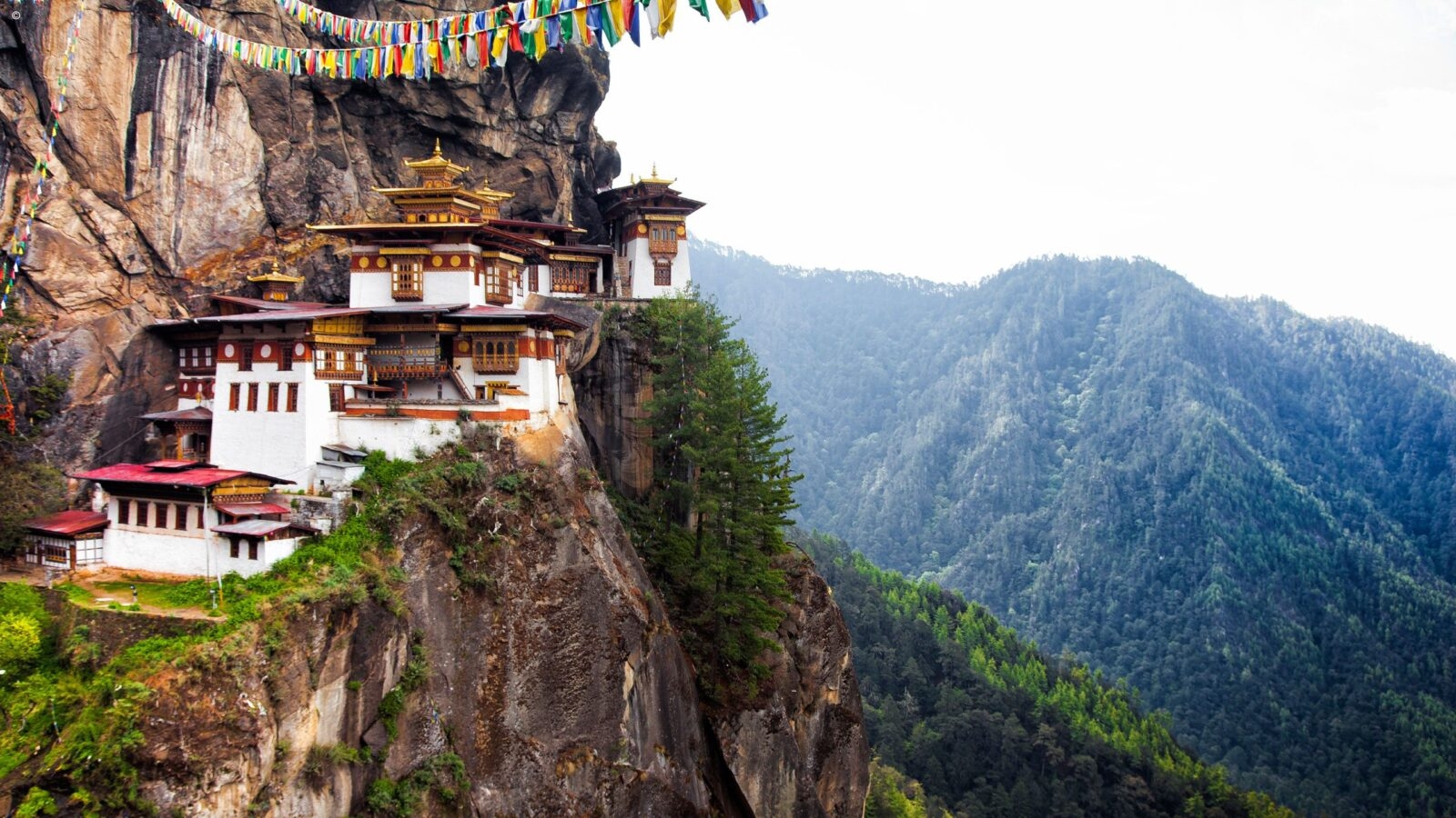 Monasteries built into the rock face of a cliff in Bhutan
