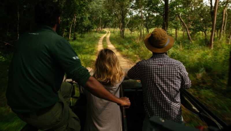 A family in an open safari vehicle looking out to a grassy trail.