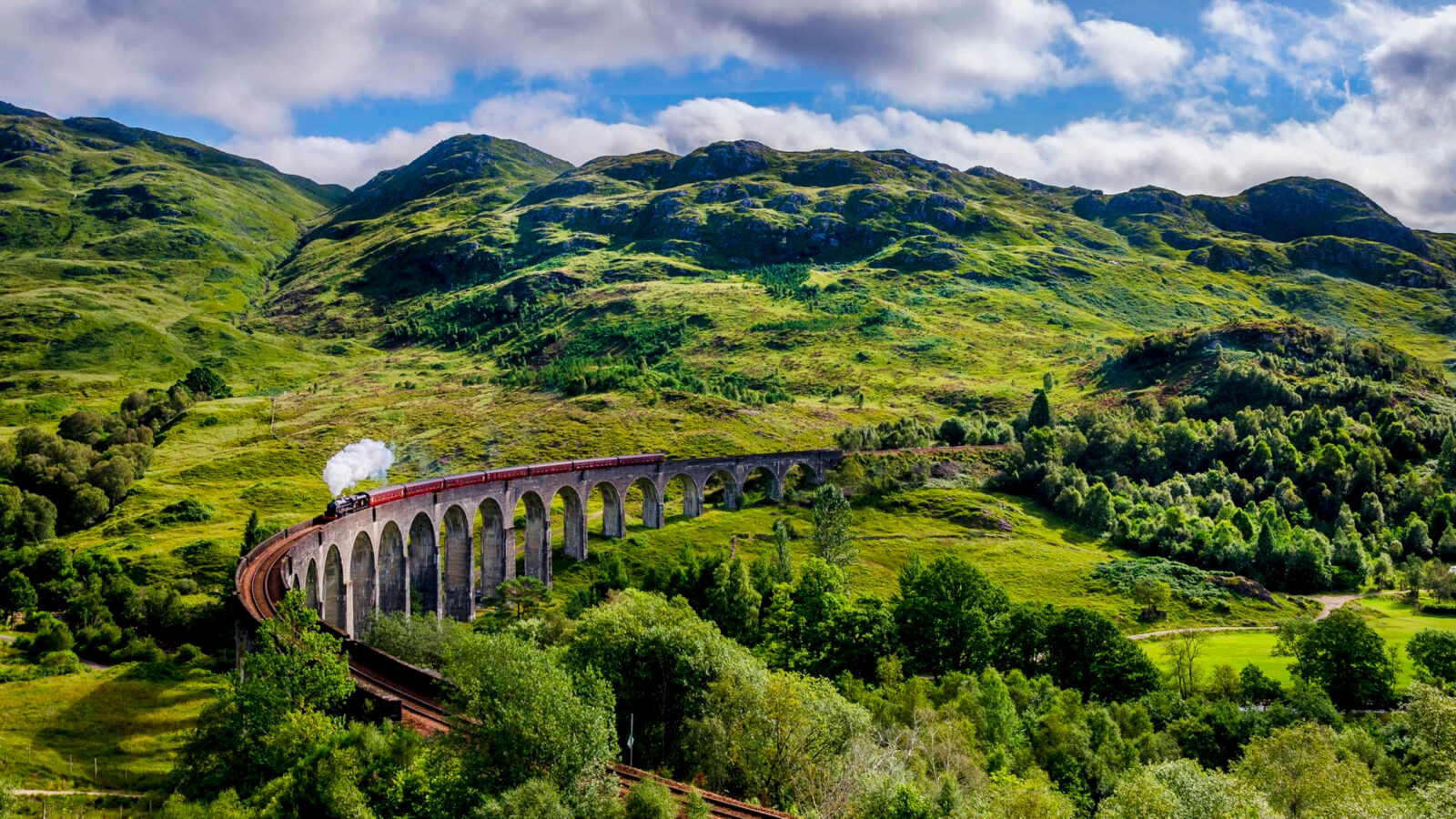 A steam train on the Glenfinnan Viaduct