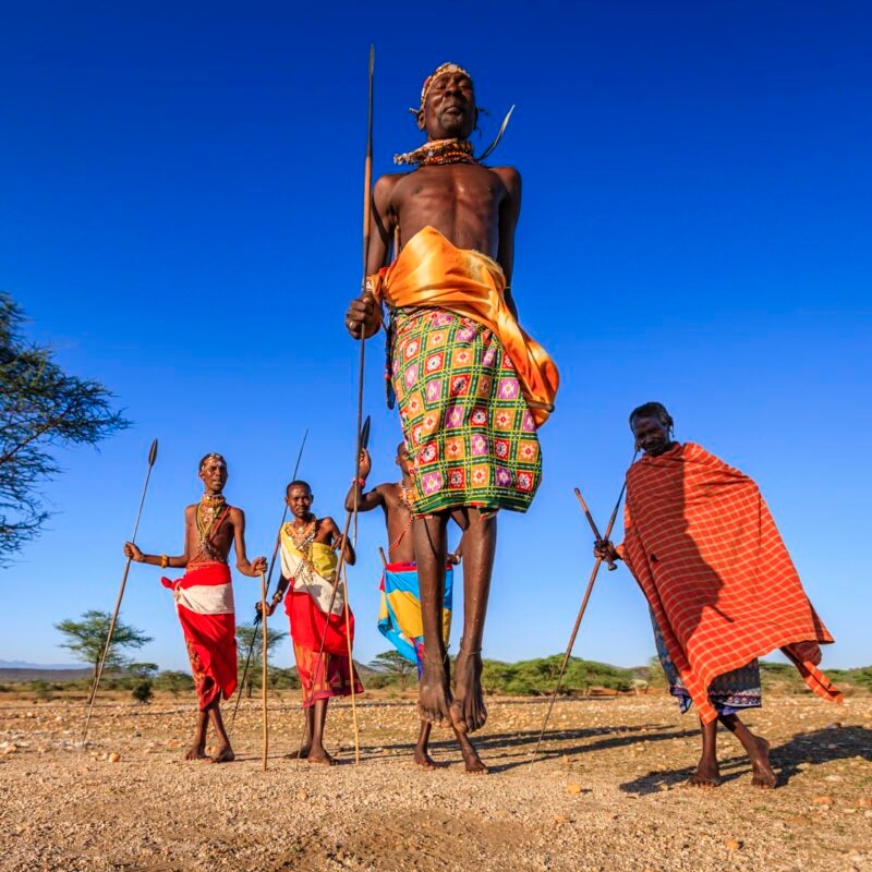 Luxury Kenya Safari Tours - Warrior from Samburu tribe performing traditional jumping dance, Kenya, Africa