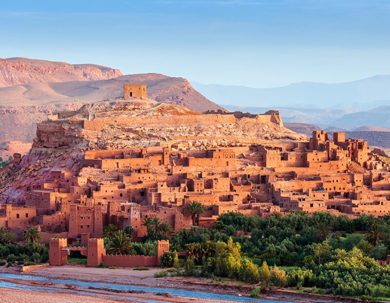 View of Aït Ben Haddou at dawn - an ancient red city in Morocco, North Africa on a luxury Morocco trip