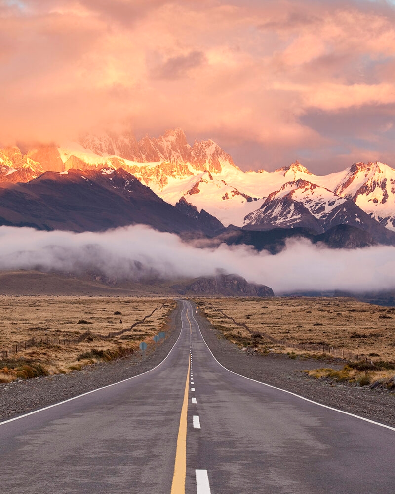 Cloudy sky over empty highway in Argentina Patagonia, on a luxury Patagonia vacation