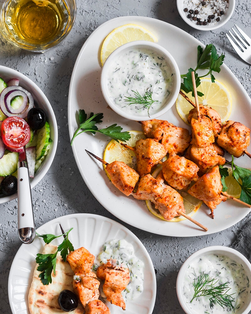 Luxury Greece Tours - Yogurt marinated grilled chicken skewers with vegetables and tzatziki