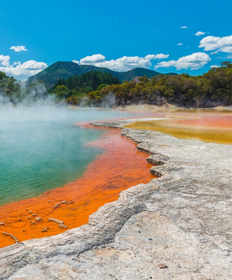 A colorful geothermal hot spring with steam rising at Wai-O-Tapu during luxury New Zealand holidays.