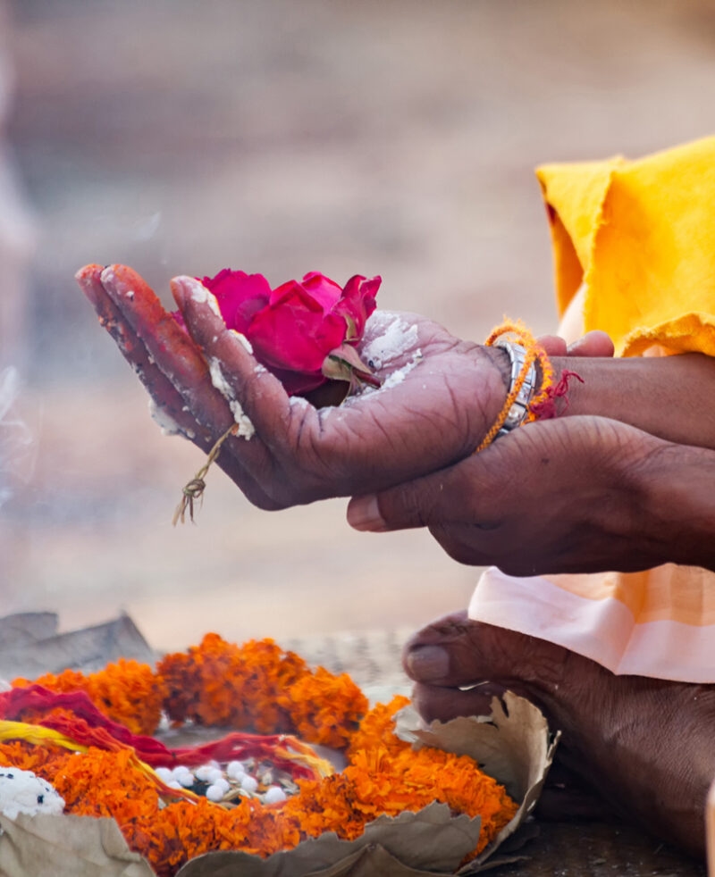 Hands holding a red flower and white powder over orange marigold garlands during a traditional Hindu ritual on luxury India tours.